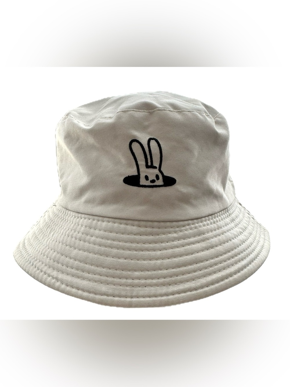 Rabbit Reversible Bucket Hat Black Cream Bunny Logo Unisex Cotton Hat - Picture 1 of 6